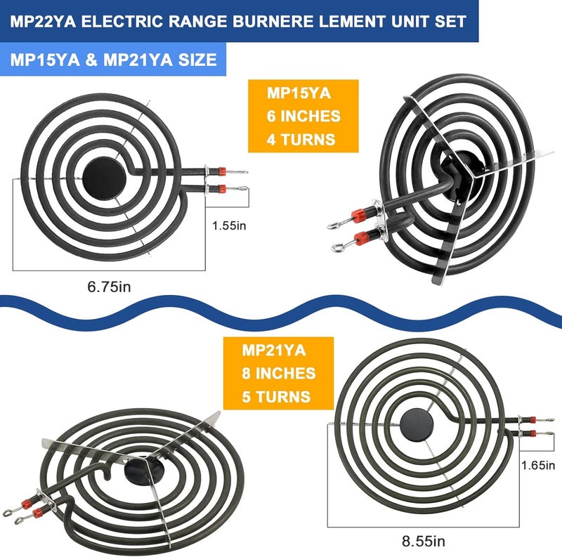 Fetechmate Upgrade MP22YA 4 Pack Electric Range Burner Element Unit Set Include 2 x MP21YA 8" Stove Burner & 2 x MP15YA 6" Stove Burner Element Fit for Frigi-daire Whirl-pool Ken-more Range Stove By - Image 2